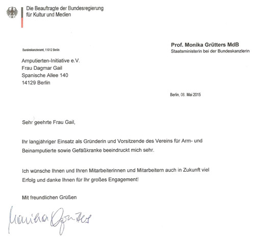 Schreiben der Beaufragten der Bundesregierung für Kultur und Medien, Prof. Monika Grütters MdB Staatsministerin bei der Bundeskanzlerin